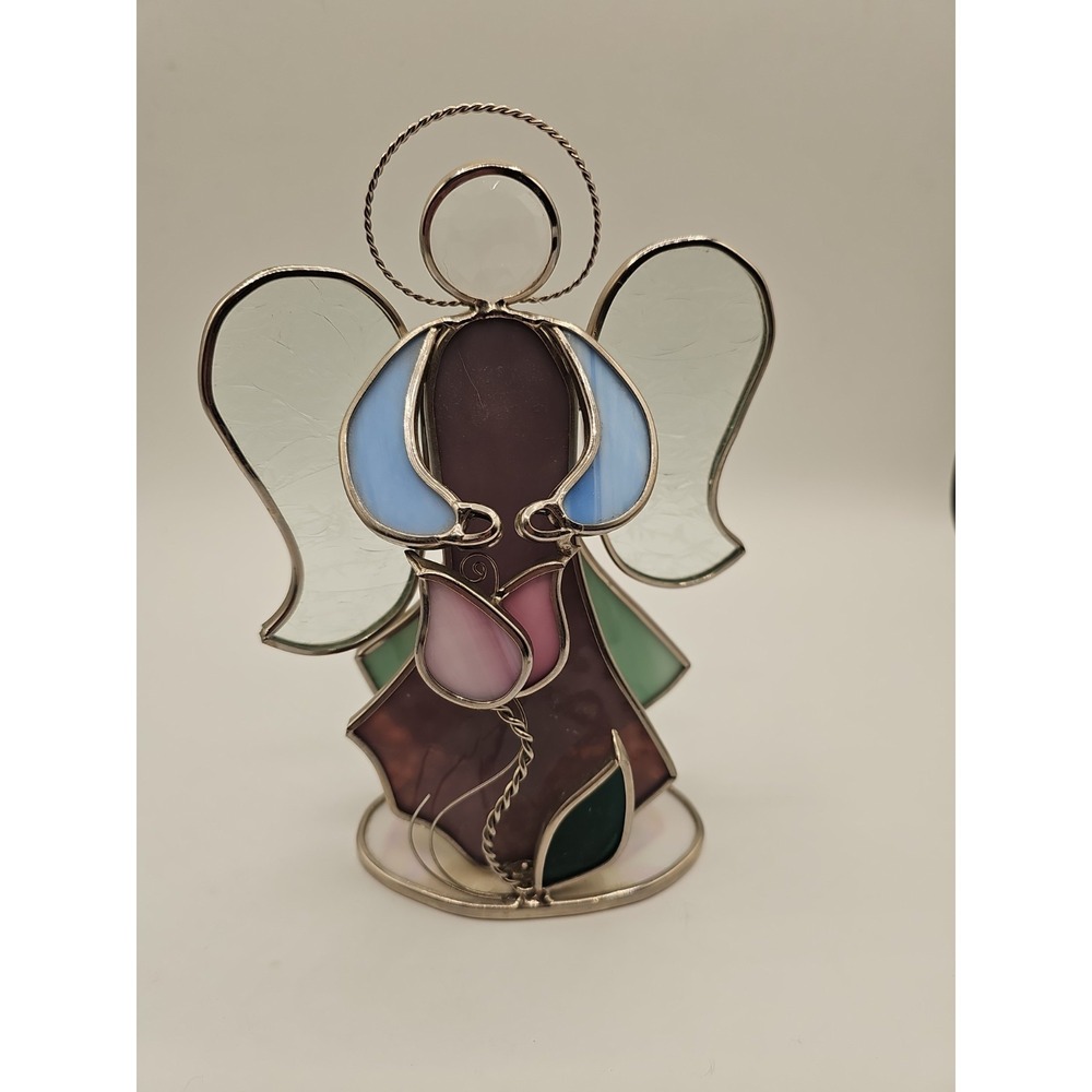 STAINED GLASS ANGEL HOLDING CRYSTAL HEART